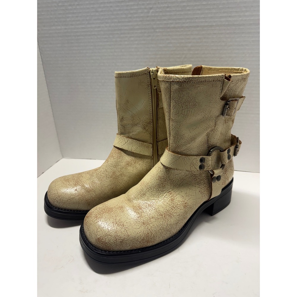Steve Madden Brixton Cream Cracked Leather Moto Harness Boots BRIX03S1 Mens 9.5M